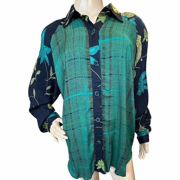 VTG Ali Miles SZ 14 Rayon USA Art-to-wear Button Down Tunic Blouse Geometric - Picture 1 of 16